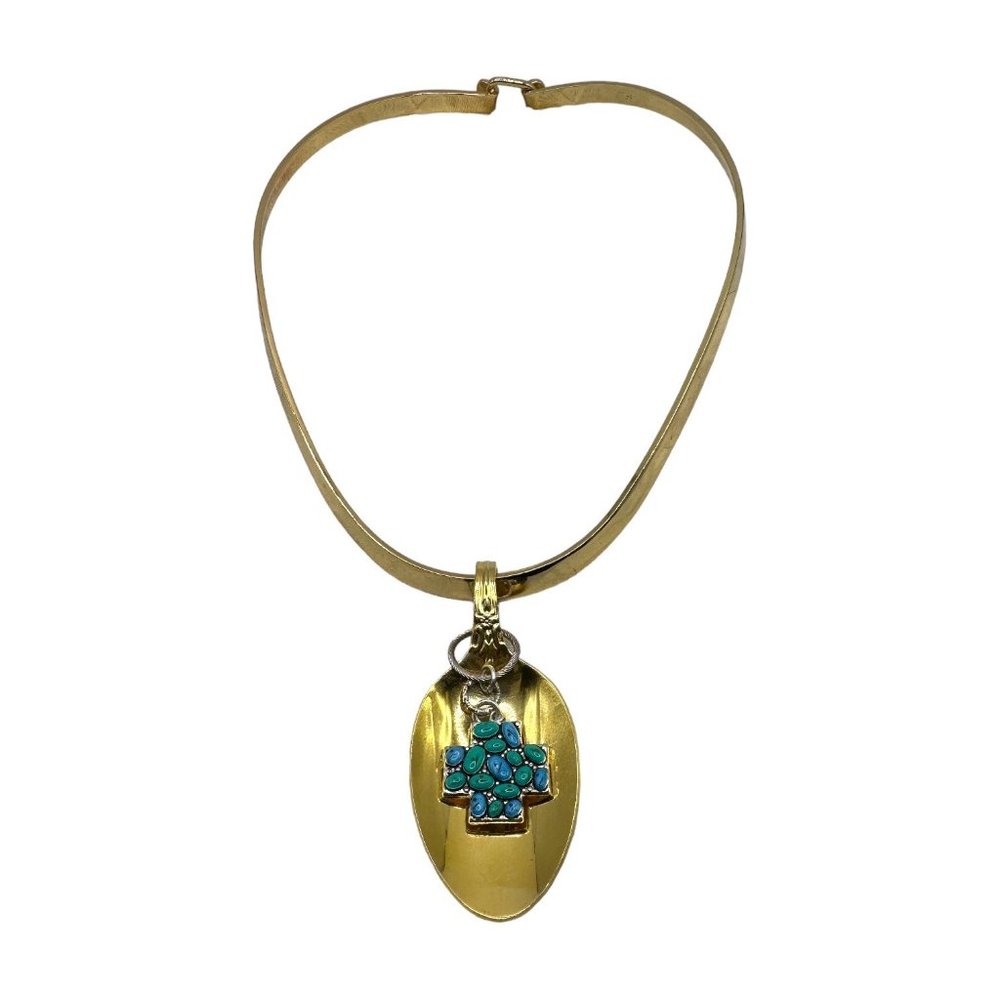 King Arthur’s Gold Electroplated Artisan Spoon Pendant w/ Cross Choker Necklace
